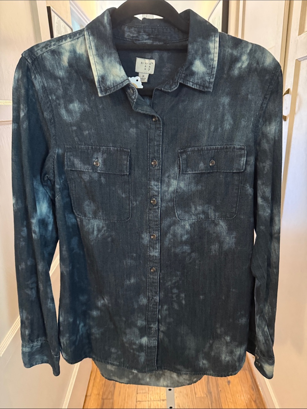 a new day Custom Women's Blue Bleached Button-Down Shirt Upcycled